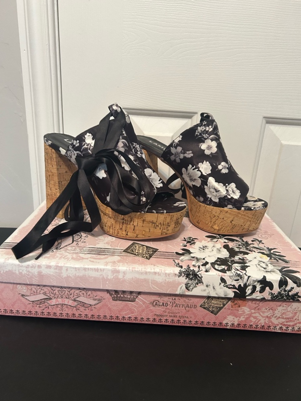 Black Floral Satin Cork Platform Peep-Toe Wedges with Ribbon Tie - Picture 2 of 5